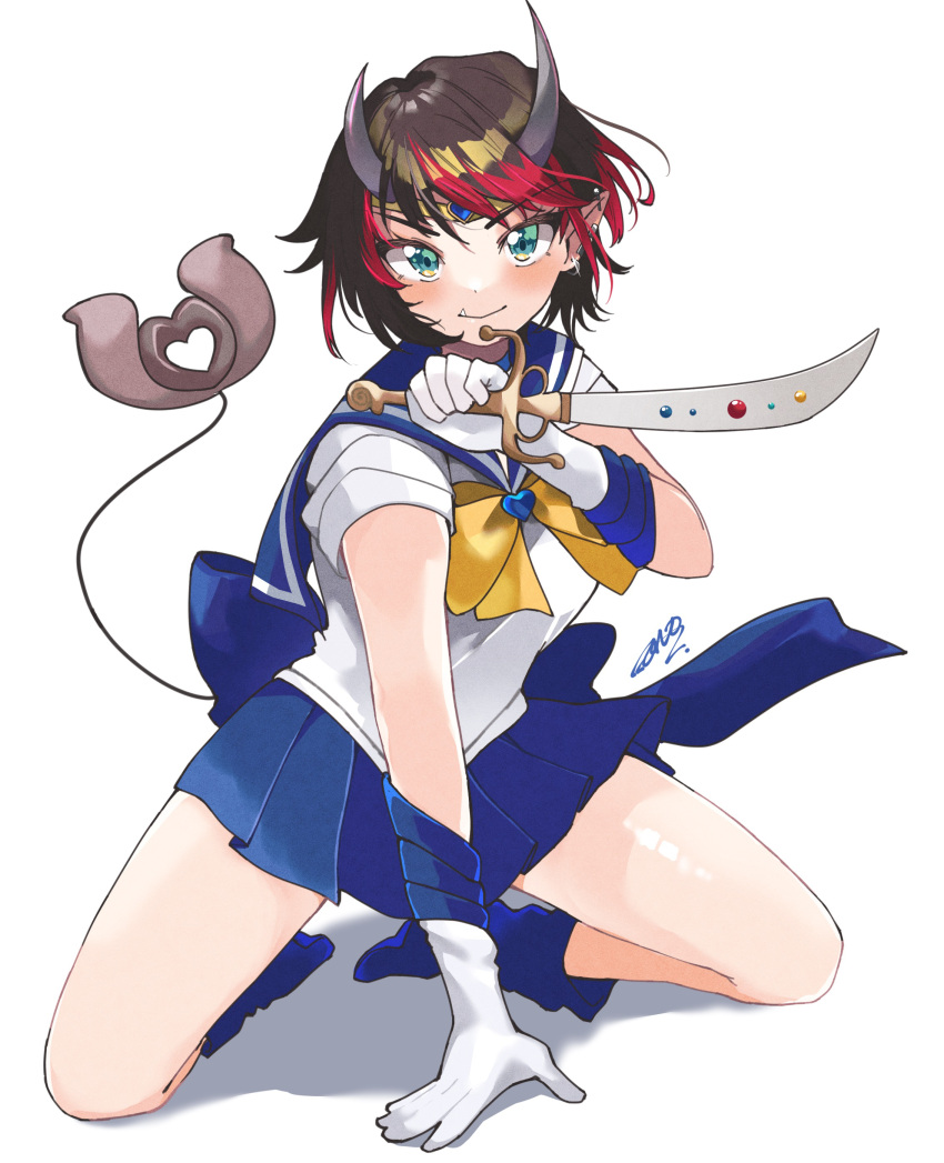 1girl absurdres bishoujo_senshi_sailor_moon black_hair blue_choker blue_eyes blue_sailor_collar blue_skirt blue_socks bow bowtie breasts choker closed_mouth cosplay dagger demon_girl demon_horns demon_tail full_body gloves highres holding holding_dagger holding_knife holding_weapon horns knife large_breasts looking_at_viewer magical_girl miniskirt multicolored_hair nanashi_inc. pleated_skirt pointy_ears red_hair ryugasaki_rene sailor_collar sailor_senshi_uniform sailor_uranus sailor_uranus_(cosplay) short_hair signature skirt smile socks solo squatting sugar_lyric tail two-tone_hair virtual_youtuber weapon white_gloves yellow_bow yellow_bowtie zono_(inokura_syuzo029)