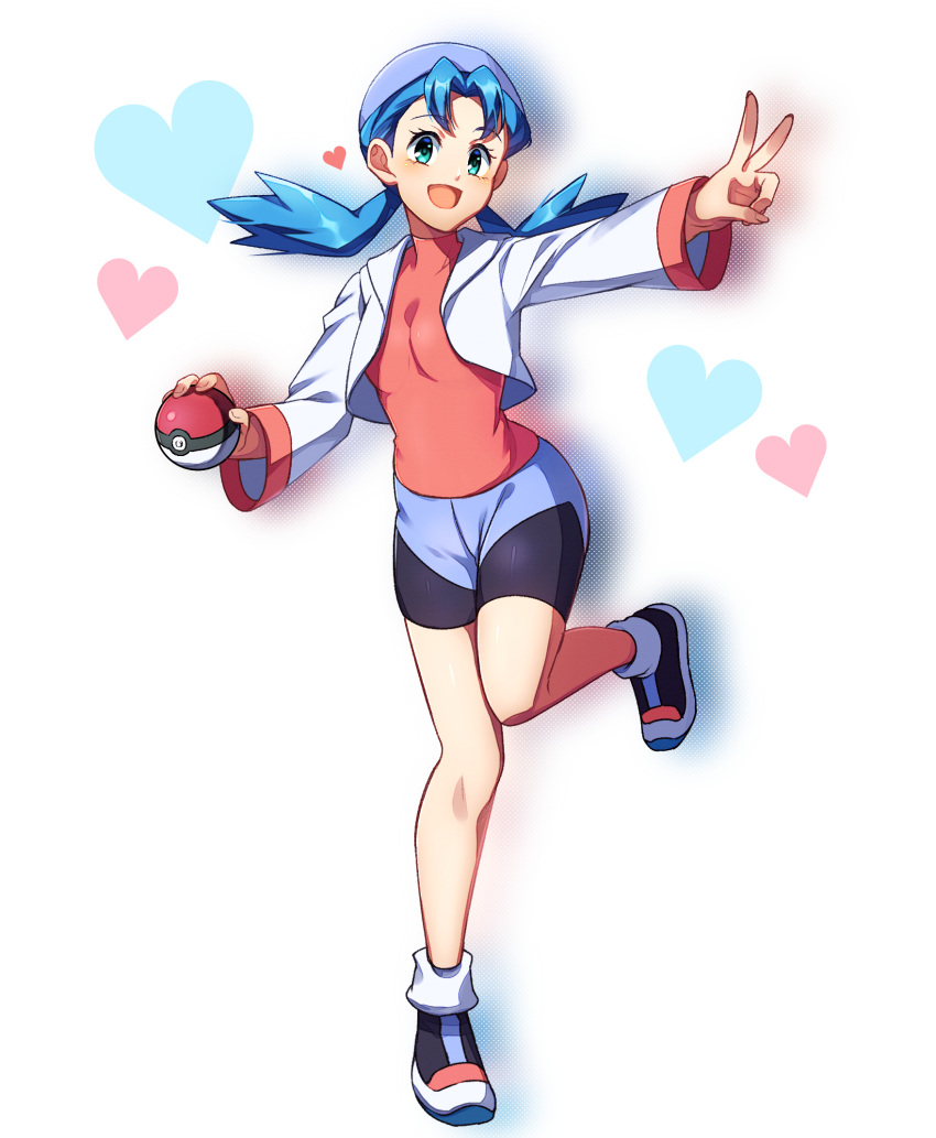 1girl :d bike_shorts blue_hair breasts commentary_request cropped_jacket eyelashes full_body green_eyes hat heart highres holding holding_poke_ball jacket kankitukou knees leg_up long_hair marina_(pokemon) open_clothes open_jacket open_mouth outstretched_arm poke_ball poke_ball_(basic) pokemon pokemon_(anime) pokemon_(classic_anime) shirt shoes smile solo standing standing_on_one_leg twintails v white_background