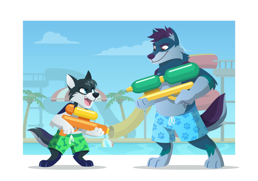 amusement_park anthro ball beach_ball blue_bottomwear blue_clothing blue_shorts bottomwear canid canine canis clothing colbythehusky domestic_dog duo green_bottomwear green_clothing green_shorts hi_res husky inflatable male male/male mammal nordic_sled_dog open_mouth palm_tree plant poolside shorts slide smile smirk spitz swimwear toy toy_gun tree water water_gun water_park water_slide wolf yukon zukitz