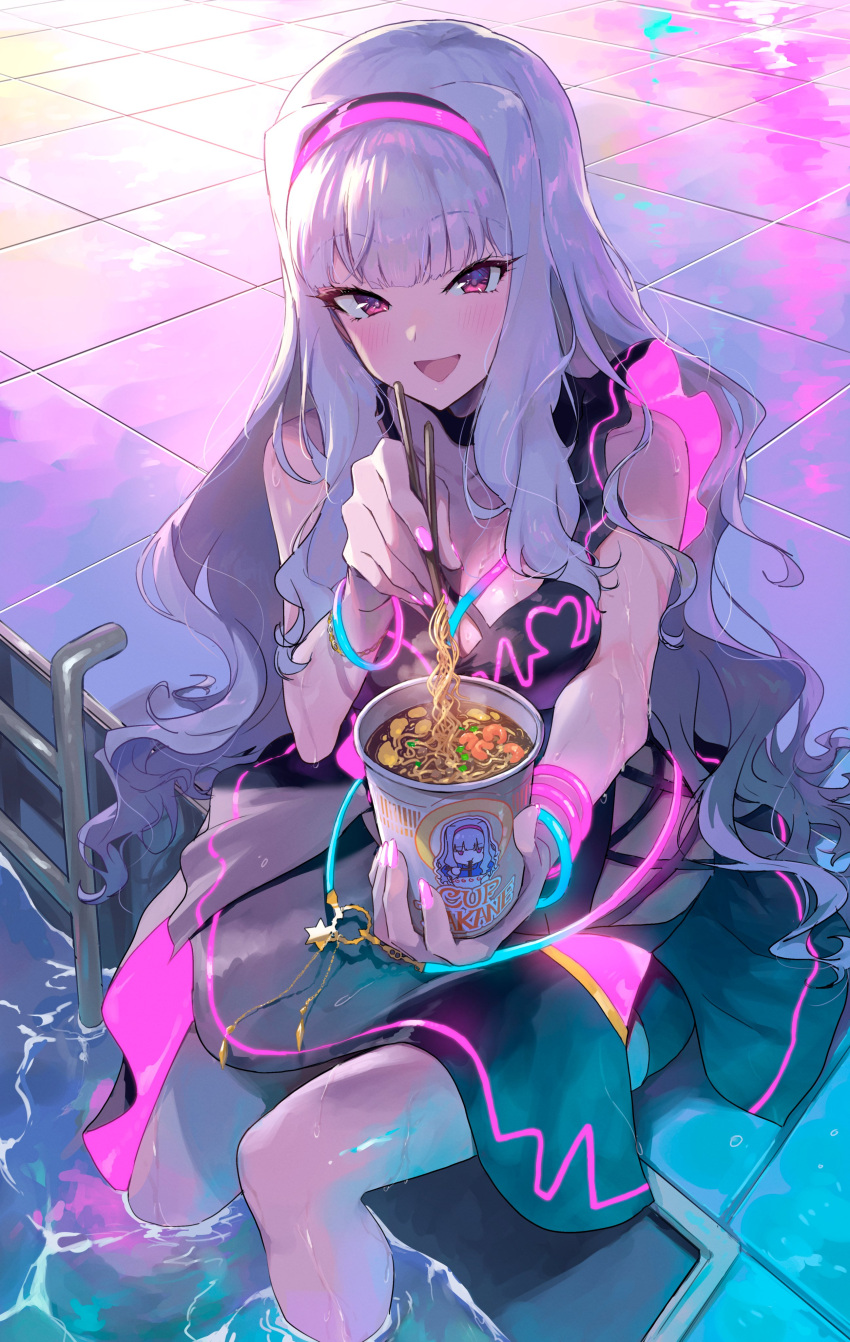 1girl absurdres bikini black_bikini blush bracelet brand_name_imitation breasts chopsticks commentary cup cup_ramen feet_out_of_frame fingernails grey_hair hairband highres holding holding_chopsticks holding_cup idolmaster idolmaster_(classic) idolmaster_million_live! jewelry large_breasts long_hair looking_at_viewer midnamana nail_polish neon_trim pink_eyes pink_hairband pink_nails pool pool_ladder poolside purple_pupils refraction shijou_takane sitting smile soaking_feet solo sweatdrop swimsuit tile_floor tiles triangle_mouth very_long_hair
