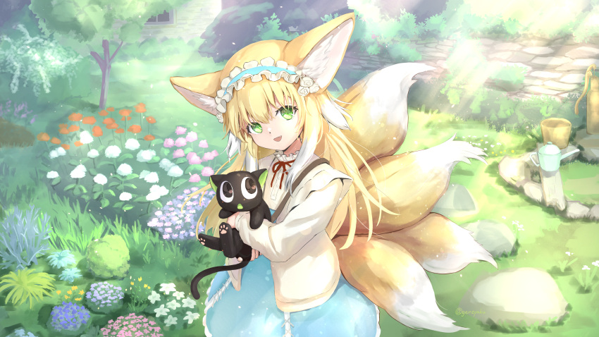 1girl absurdres animal animal_ear_fluff animal_ears arknights black_cat blonde_hair blue_hairband blue_skirt cardigan cat commentary_request cross-laced_clothes cross-laced_skirt cross-laced_slit crossover flower fox_ears fox_girl fox_tail frilled_hairband frills genjaku green_eyes hair_flower hair_ornament hairband high-waist_skirt highres holding holding_animal holding_cat kitsune kyuubi long_sleeves looking_at_viewer luo_xiaohei luo_xiaohei_zhanji multicolored_hair multiple_tails neck_ribbon official_alternate_costume open_cardigan open_clothes open_mouth outdoors puffy_long_sleeves puffy_sleeves red_ribbon revision ribbon shirt skirt solo spring_(season) suzuran_(arknights) suzuran_(spring_praise)_(arknights) tail two-tone_hair white_hair white_shirt yellow_cardigan