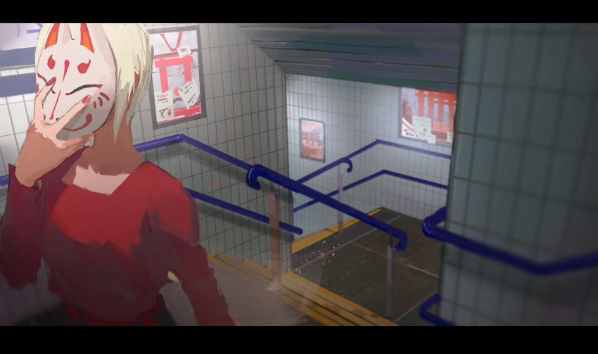 1girl fox_mask grey_hair highres idolmaster idolmaster_cinderella_girls letterboxed long_sleeves mask poster_(object) railing red_nails red_shirt shioda_(shioda_5) shiomi_syuko shirt short_hair sketch solo stairs subway tile_wall tiles torii upper_body