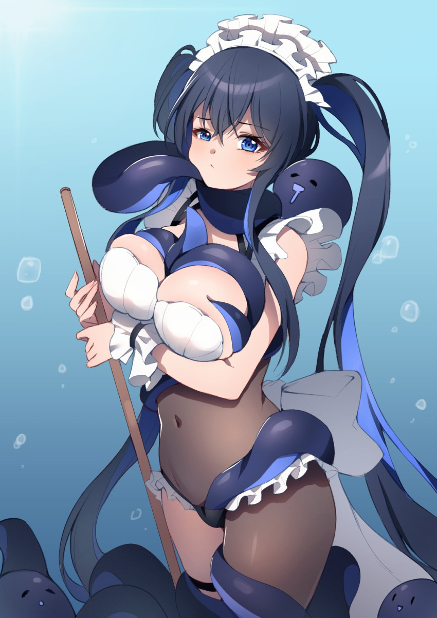 1girl black_hair black_thighhighs blue_background blue_eyes blue_hair breasts cleavage covered_navel cowboy_shot crossed_bangs frills hair_between_eyes highres large_breasts long_hair maid_headdress multicolored_hair original single_thighhigh solo tentacles thighhighs thighs twintails two-tone_hair ugwa white_headwear