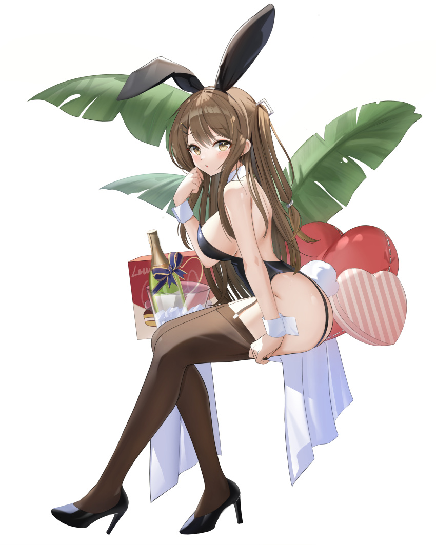 1girl absurdres animal_ears ass b_grade bare_shoulders black_footwear black_leotard breasts brown_eyes brown_hair champagne_bottle commentary_request detached_collar fake_animal_ears fake_tail from_side full_body girls'_frontline hair_ornament hairclip heart heart_pillow high_heels highleg highleg_leotard highres k2_(girls'_frontline) korean_commentary large_breasts leotard long_hair looking_at_viewer pantyhose pillow playboy_bunny rabbit_ears rabbit_tail sideboob simple_background sitting solo strapless strapless_leotard tail thighhighs white_background wrist_cuffs