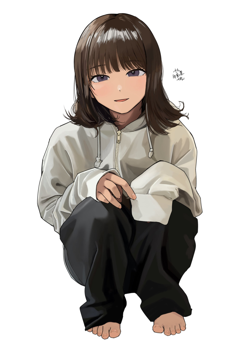 1girl absurdres barefoot black_eyes black_hair black_pants feet full_body half-closed_eyes hands_on_own_knees highres hood hoodie light_smile looking_at_viewer loose_clothes mmmo3 original pants signature sleeves_past_wrists solo squatting toenails toes white_background white_hoodie