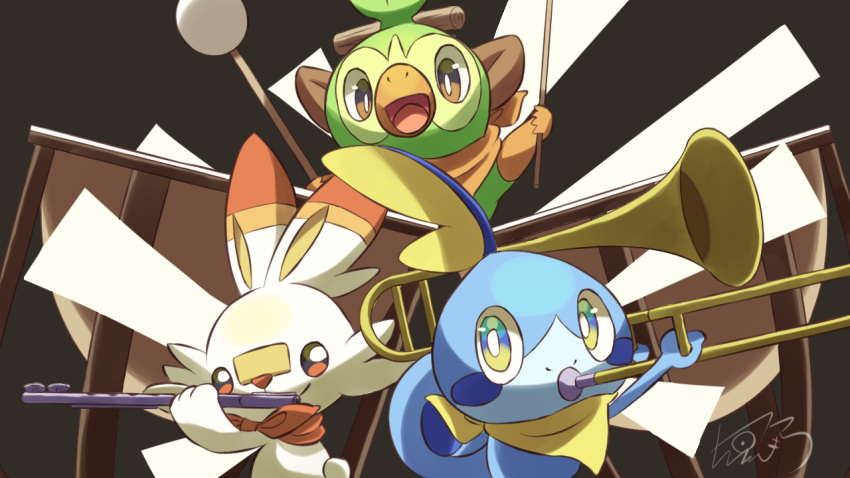 bandana bright_pupils brown_eyes drum drumsticks flute grookey holding holding_drumsticks holding_instrument instrument music no_humans nostrils open_mouth orange_bandana playing_instrument pokemon pokemon_(creature) red_bandana scorbunny signature sobble starter_pokemon_trio takokuzirart timpani trombone white_pupils yellow_bandana