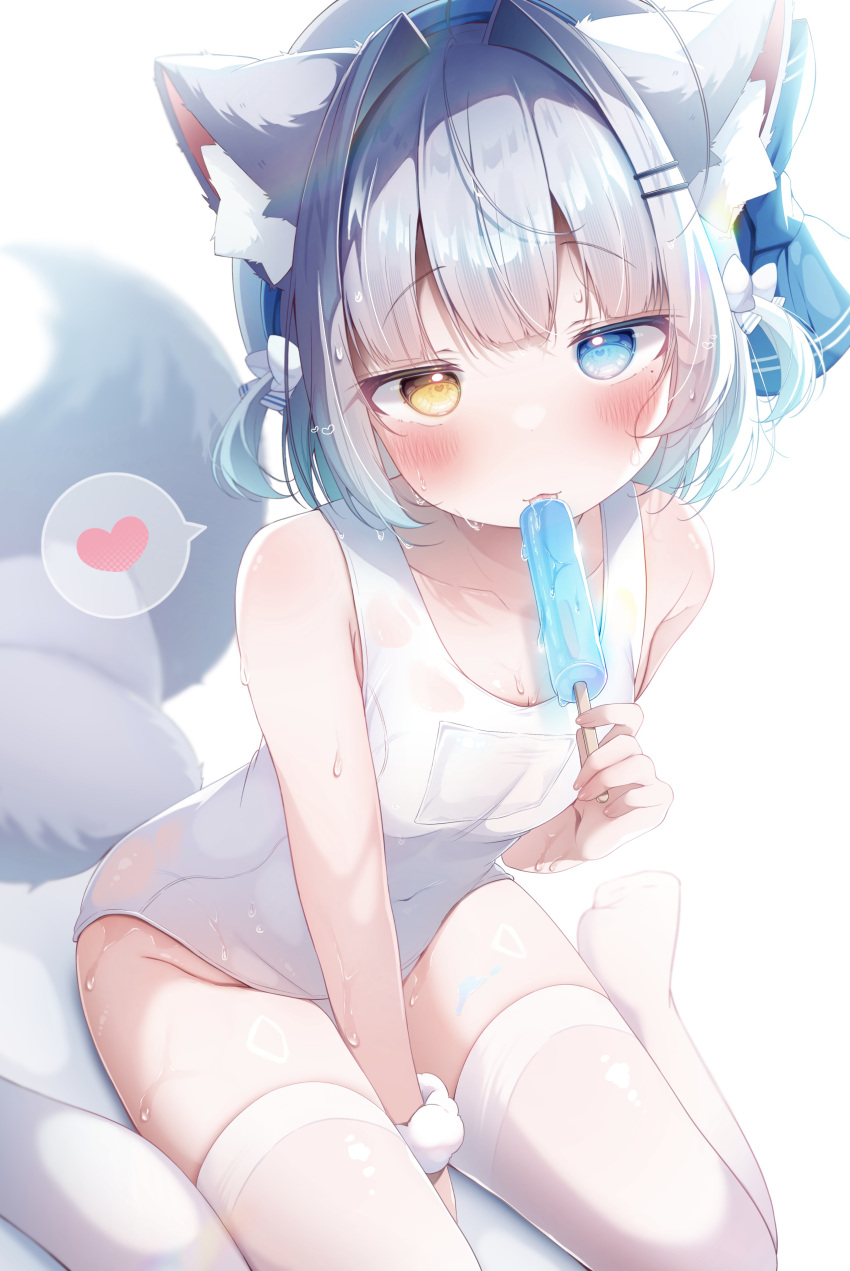 1girl absurdres alternate_color_school_swimsuit animal_ear_fluff animal_ears between_legs blue_eyes blue_ribbon blush collarbone commentary_request food grey_hair hair_ornament hair_ribbon hairclip hand_between_legs heart heterochromia highres holding holding_food holding_popsicle komugi_(2212) licking looking_at_viewer no_shoes original popsicle ribbon school_swimsuit short_hair sitting speech_bubble spoken_heart swimsuit tail thighhighs two_side_up wariza white_swimsuit white_thighhighs yellow_eyes