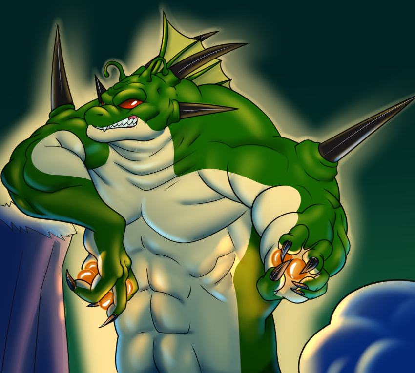 abs antennae_(anatomy) anthro big_muscles claws dragon dragon_ball dragon_ball_(object) dragon_ball_z fangs horn macro male muscular pecs pervohyena porunga red_eyes scalie solo spikes teeth