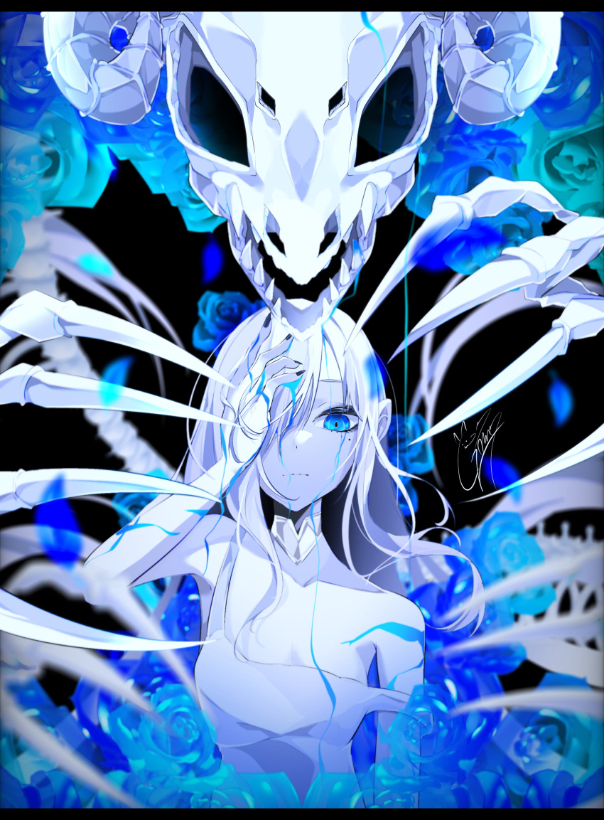 1girl absurdres animal_skeleton aqua_flower artist_name bare_arms bare_shoulders black_background black_nails blood blue_blood blue_eyes blue_flower blue_petals blue_theme bone breasts closed_mouth colored_skin dot_nose fingernails flower giant_skeleton goat_horns goma_irasuto hair_over_one_eye hand_on_own_face highres horns letterboxed long_hair looking_down medium_breasts mole mole_under_eye off_shoulder open_mouth original petals ribs sharp_teeth signature skeleton solo spine standing tank_top teeth upper_body white_hair white_skin white_tank_top white_theme