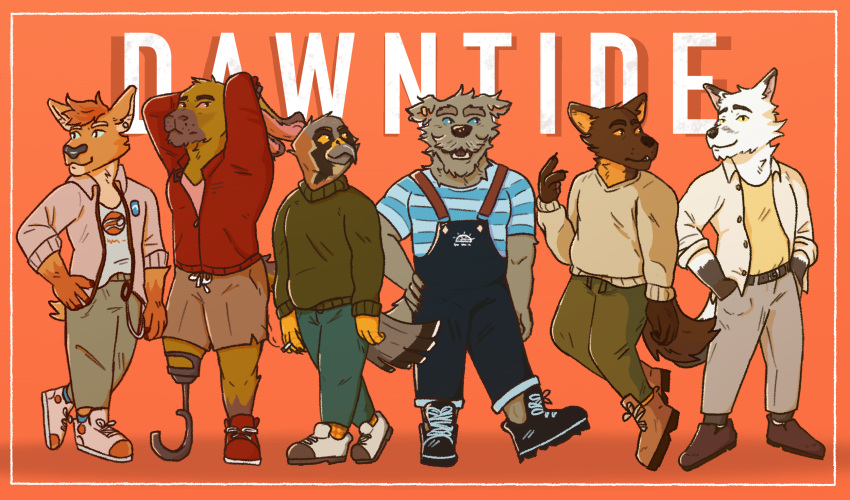 amputee anthro antrimbull avian belt billy_(dawntide) bird boots border bottomwear canid canine canis cigarette clothed clothing dawntide deer denim denim_clothing disability domestic_dog dress_shirt ear_piercing ear_ring female footwear fox fully_clothed griff_(dawntide) group gulonine hand_on_hip hi_res hoodie jeans joe_(dawntide) lagomorph leporid male mammal marten mustelid musteline overalls pants piercing pine_marten prosthetic rabbit ranzo_(dawntide) riley_(dawntide) ring_piercing sal_(dawntide) shirt shorts simple_background sweater text topwear visual_novel
