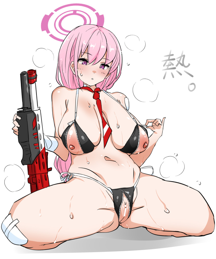 1girl bandaid bandaid_on_knee bandaid_on_leg bandaid_on_shoulder bikini blue_archive breasts eimi_(blue_archive) gun halo highres holding holding_gun holding_weapon kneeling large_breasts m_mance necktie pink_eyes pink_hair pink_halo pump_action red_necktie shotgun spas-12 steam steaming_body sweat sweatdrop swimsuit weapon zipper