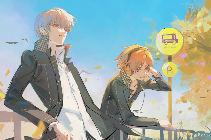 2boys absurdres binxngchng1 black_jacket blue_sky brown_hair bus_stop closed_mouth collarbone commentary grey_eyes grin hanamura_yousuke headphones highres jacket long_hair multiple_boys narukami_yuu open_clothes open_jacket persona persona_4 railing school_uniform shirt sky smile white_shirt yasogami_school_uniform