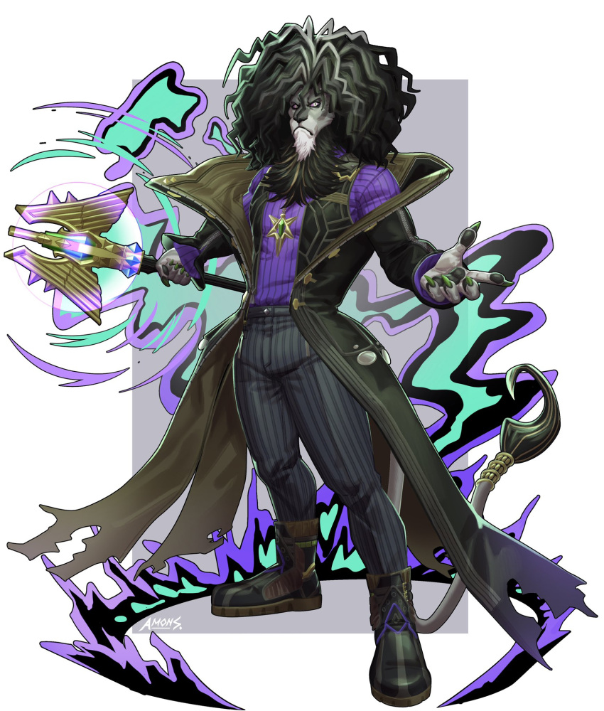 1boy alolin_(pazuzu)_(dislyte) amonsyd claws dislyte english_commentary furry furry_male highres holding holding_mace holding_weapon jewelry lion_boy looking_at_viewer mane multicolored_hair pawpads pendant signature simple_background streaked_hair torn_clothes weapon