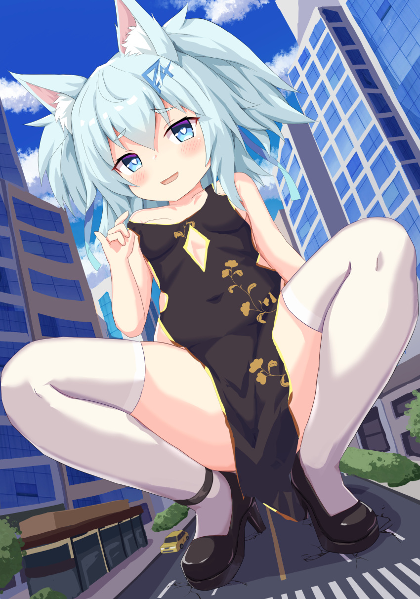 1girl absurdres animal_ear_fluff animal_ears artist_request black_dress blue_eyes blue_hair blue_sky breasts car china_dress chinese_clothes city cleavage_cutout clothing_cutout cloud crosswalk day dress giant giantess girls'_frontline heart heart-shaped_pupils high_heels highres motor_vehicle pa-15_(girls'_frontline) sky small_breasts solo squatting symbol-shaped_pupils thighhighs white_thighhighs