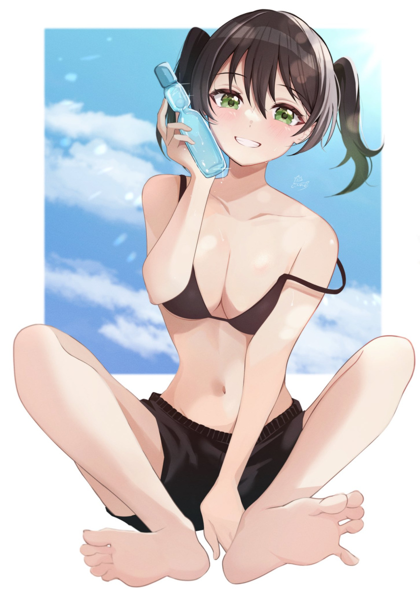 1girl barefoot bikini black_bikini black_shorts blue_sky blurry blurry_background blush breasts cloud cloudy_sky collarbone eyelashes feet green_eyes hair_between_eyes highres holding knees_up legs love_live! love_live!_nijigasaki_high_school_idol_club medium_breasts navel on_ground pukonuu ramune shadow shorts signature sitting sky smile soles solo spread_toes stomach strap_slip swimsuit takasaki_yuu teeth thighs toenails toes twintails