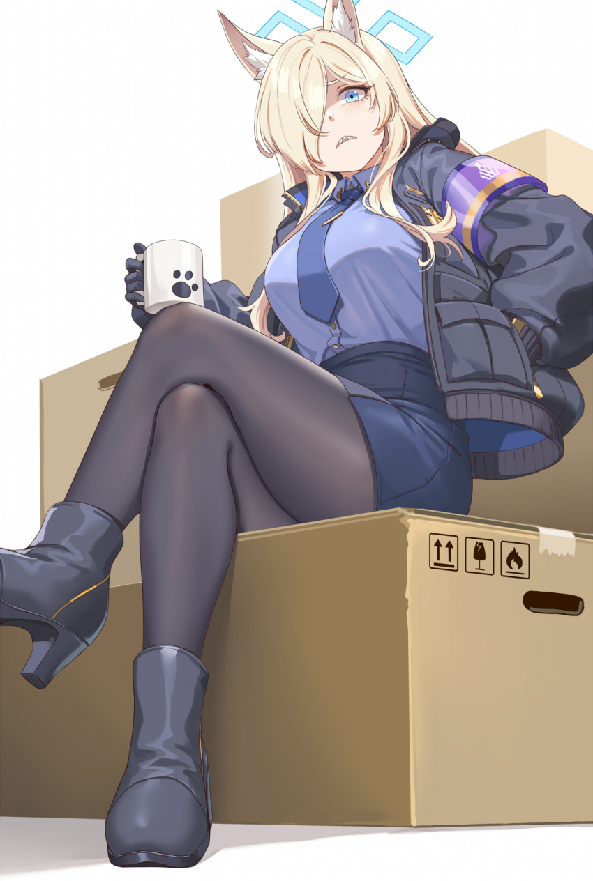 1girl animal_ears black_footwear black_gloves blonde_hair blue_archive blue_eyes blue_skirt boots breasts chair crossed_legs cup fangxiang_cuoluan gloves hair_over_one_eye highres holding jacket kanna_(blue_archive) large_breasts long_hair long_sleeves looking_at_viewer open_clothes open_jacket pantyhose pencil_skirt simple_background sitting skirt solo