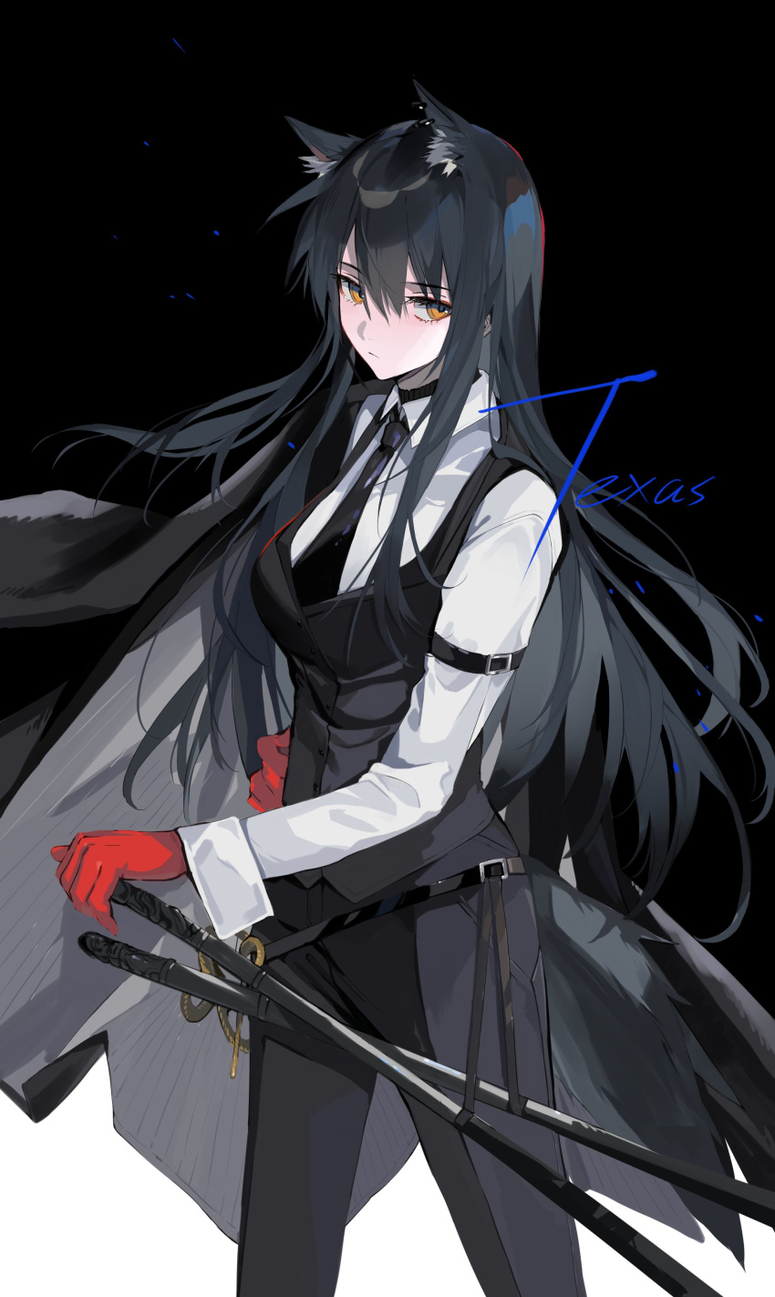 1girl absurdres animal_ear_fluff animal_ears arknights black_background black_hair black_jacket black_necktie black_pants black_vest breasts collared_shirt commentary frown gloves half-closed_eyes highres jacket jacket_on_shoulders long_hair looking_at_viewer medium_breasts meng_ziya multiple_swords necktie orange_eyes pants red_gloves sheath sheathed shirt solo suit texas_(arknights) two-tone_background vest white_background white_shirt wolf_ears wolf_girl