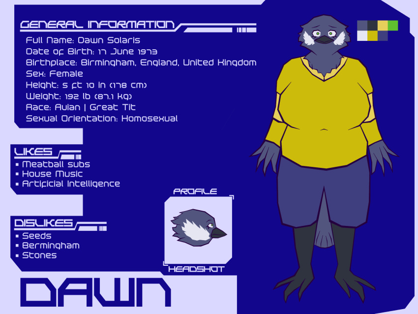 anthro avian beak big_breasts bird breasts dawn_solaris_(hot_knives) fan_character female great_tit hi_res hot_knives model_sheet oscine passerine slightly_chubby slightly_chubby_female tit_(bird)