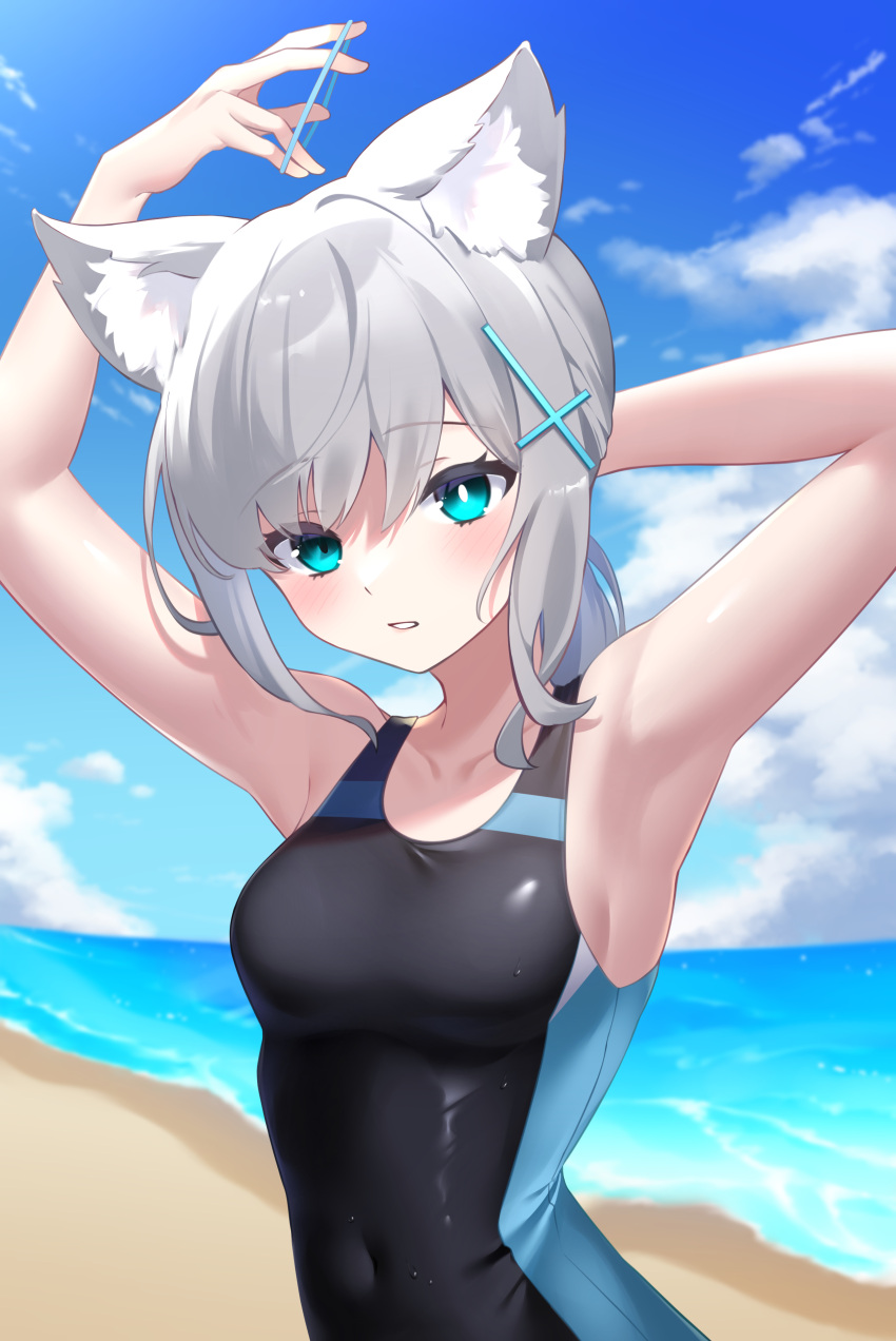 1girl absurdres adjusting_hair animal_ears aoitsuki arm_behind_head armpits arms_up beach blue_archive blue_eyes blue_one-piece_swimsuit blue_sky breasts cloud cloudy_sky commentary competition_swimsuit cross_hair_ornament day extra_ears grey_hair hair_ornament halo highres horizon looking_at_viewer medium_breasts medium_hair mismatched_pupils ocean one-piece_swimsuit open_mouth original outdoors shiroko_(blue_archive) sky solo swimsuit upper_body wolf_ears