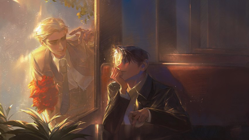 2boys absurdres black_hair blonde_hair bouquet collared_shirt erwin_smith eye_contact highres l.k_(lk_cyz) levi_(shingeki_no_kyojin) looking_at_another looking_outside male_focus multiple_boys necktie plant shingeki_no_kyojin shirt short_hair sitting smile suit sunlight sunset thick_eyebrows upper_body yaoi