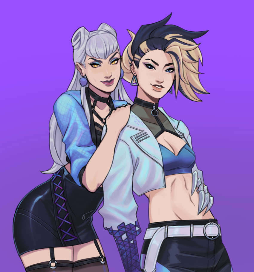 2girls absurdres akali black_hair blonde_hair blue_jacket breasts cropped_jacket drop_earrings earrings evelynn_(league_of_legends) highres jacket jewelry league_of_legends looking_at_viewer makeup malevolent_lxix medium_breasts multicolored_hair multiple_girls ponytail revealing_clothes the_baddest_akali the_baddest_evelynn toned two-tone_hair white_hair yuri