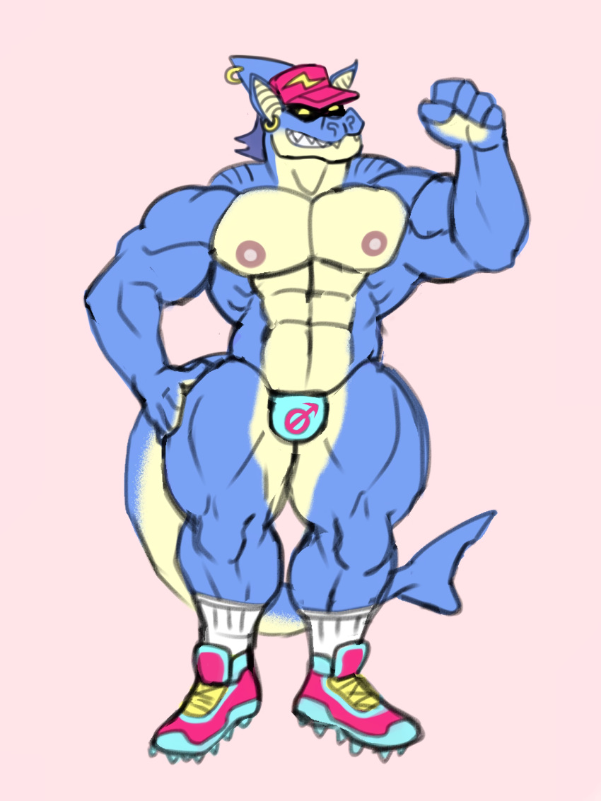 anthro bat blue_body bulge cleats clothing fish footwear hat headgear headwear hi_res himbo hybrid male mammal marine muscular muscular_male null_bulge null_symbol redesign shadowed_eyes shark shark_tail shoes sneakers solo thick_thighs tiburalgo