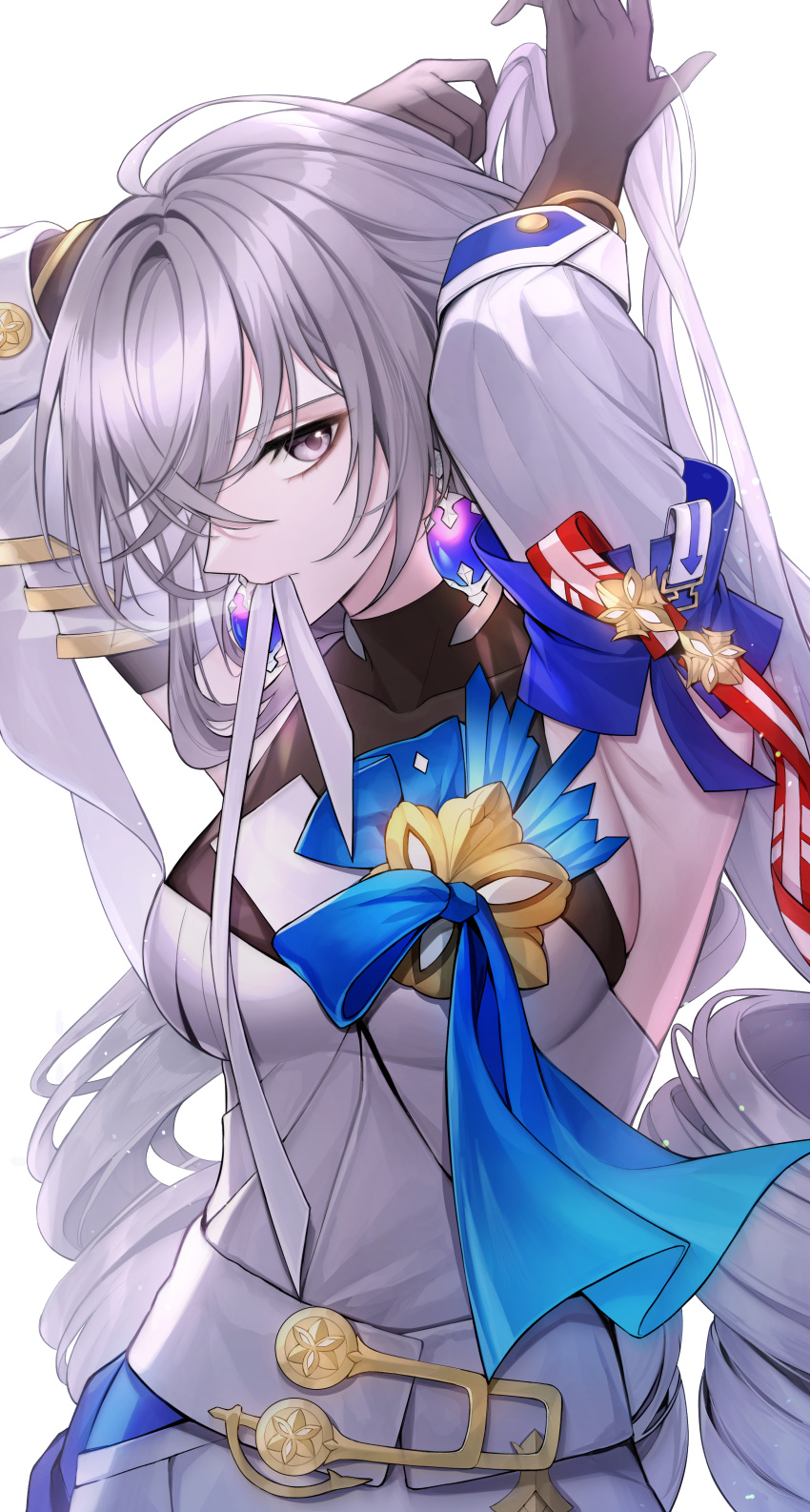 1girl absurdres arm_scarf armpits arms_up bandana_around_arm black_gloves blue_scarf breasts bronya_rand brown_gloves daengdaeng dress earrings gloves grey_eyes grey_hair hair_between_eyes highres honkai:_star_rail honkai_(series) jewelry long_hair looking_at_viewer medium_breasts mouth_hold purple_scarf scarf silver_collar simple_background solo white_dress