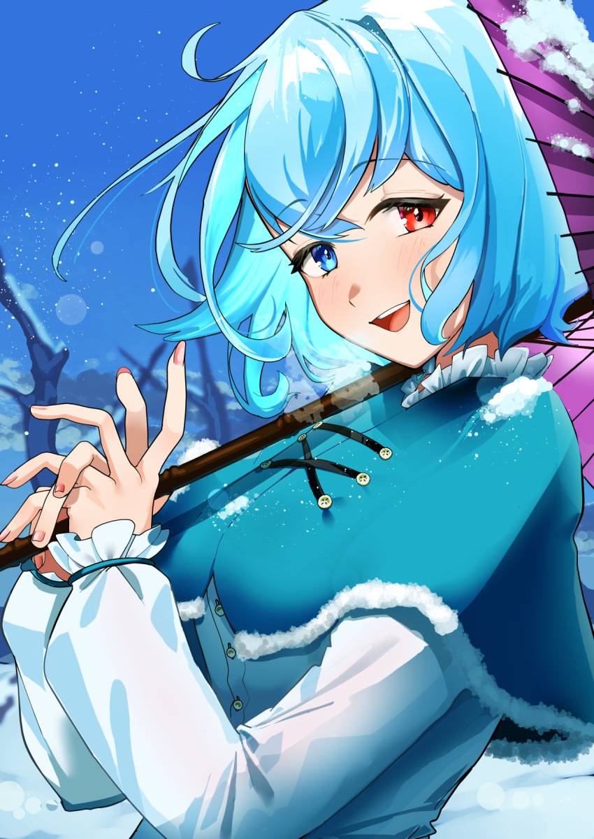 1girl aqua_capelet aqua_hair aqua_vest blue_eyes blush buttons capelet day fingernails heterochromia highres holding holding_umbrella long_sleeves oil-paper_umbrella open_mouth red_eyes shirt short_hair smile solo tatara_kogasa touhou umbrella upper_body urizaku3 white_shirt