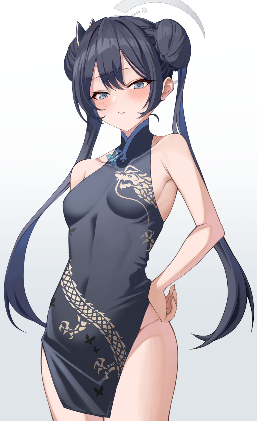 1girl absurdres armpits black_dress black_hair blue_archive blush butterfly_hair_ornament china_dress chinese_clothes commentary_request double_bun dress grey_eyes groin hair_between_eyes hair_bun hair_ornament halo hand_on_own_hip highres kisaki_(blue_archive) long_hair looking_at_viewer no_panties noa_(noa01010) parted_lips pelvic_curtain side_slit sidelocks simple_background sleeveless sleeveless_turtleneck_dress solo twintails white_background