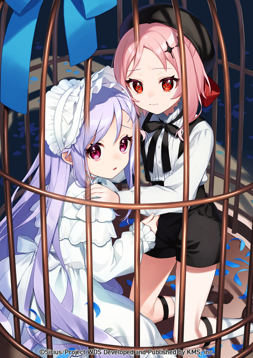 2girls beret birdcage black_headwear black_shorts blue_bow bonnet bow brown_footwear cage character_request closed_mouth dress frilled_sleeves frills hat highres kneeling long_hair long_sleeves multiple_girls official_art parted_bangs parted_lips petals pink_hair puffy_long_sleeves puffy_sleeves purple_eyes purple_hair red_eyes shirt shoe_soles shoes short_shorts shorts skirt sleeves_past_wrists socks suspender_skirt suspenders very_long_hair white_dress white_headwear white_shirt white_socks world_dai_star yamabukiiro