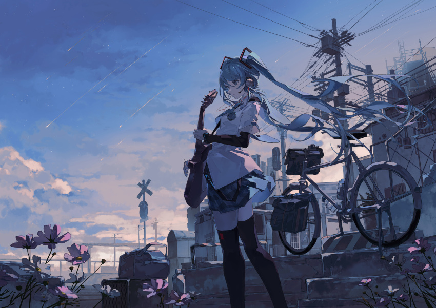 1girl absurdres acoustic_guitar aqua_hair arm_warmers bag bicycle black_thighhighs blue_sky building chinese_commentary cloud commentary_request feet_out_of_frame flower gradient_sky grey_sky guitar hatsune_miku headset highres holding holding_instrument instrument long_hair mechari meteor_shower miniskirt outdoors parted_lips pink_flower railroad_signal scenery shirt short_sleeves skirt sky solo star_(sky) starry_sky thighhighs twintails utility_pole very_long_hair vocaloid white_shirt zettai_ryouiki