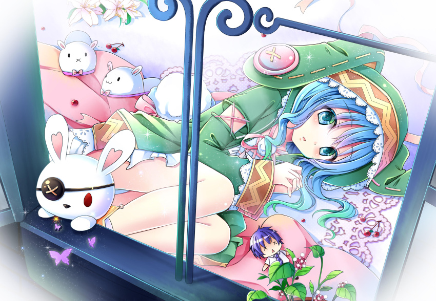 1girl absurdres animal_hood blue_eyes blue_hair character_doll commentary_request date_a_live gyaza highres hood itsuka_shidou long_hair looking_at_viewer lying photoshop_(medium) rabbit_hood solo stuffed_animal stuffed_rabbit stuffed_toy yoshino_(date_a_live) yoshinon