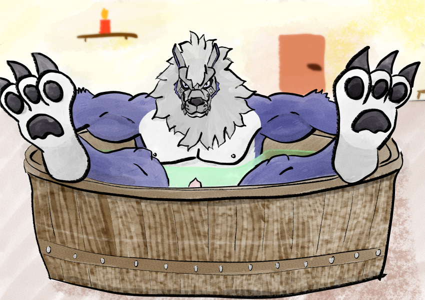 absurd_res animal_genitalia animal_penis anthro banchowollviehmon bandai_namco bathing bathtub blue_body blue_eyes blue_fur candle canid canine canine_genitalia canine_penis digimon digimon_(species) feet front_view fur genitals green_water hi_res hindpaw inviting_to_sex male mammal metal_mask muscular muscular_anthro muscular_arms muscular_legs muscular_male paws penis penis_peeking_out_of_water simple_background teyl'nir_(artist) were werecanid werecanine werewolf white_body white_fur