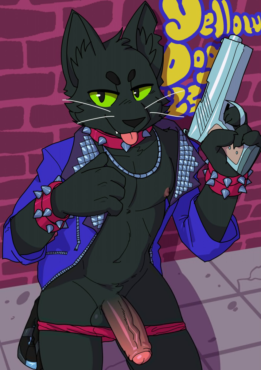 absurd_res anthro artbyyellowdog balls black_body black_fur clothed clothing collar domestic_cat felid feline felis foreskin fur genitals green_eyes gun hi_res jacket male mammal partially_clothed penis ranged_weapon solo solo_focus tongue tongue_out topwear underwear weapon