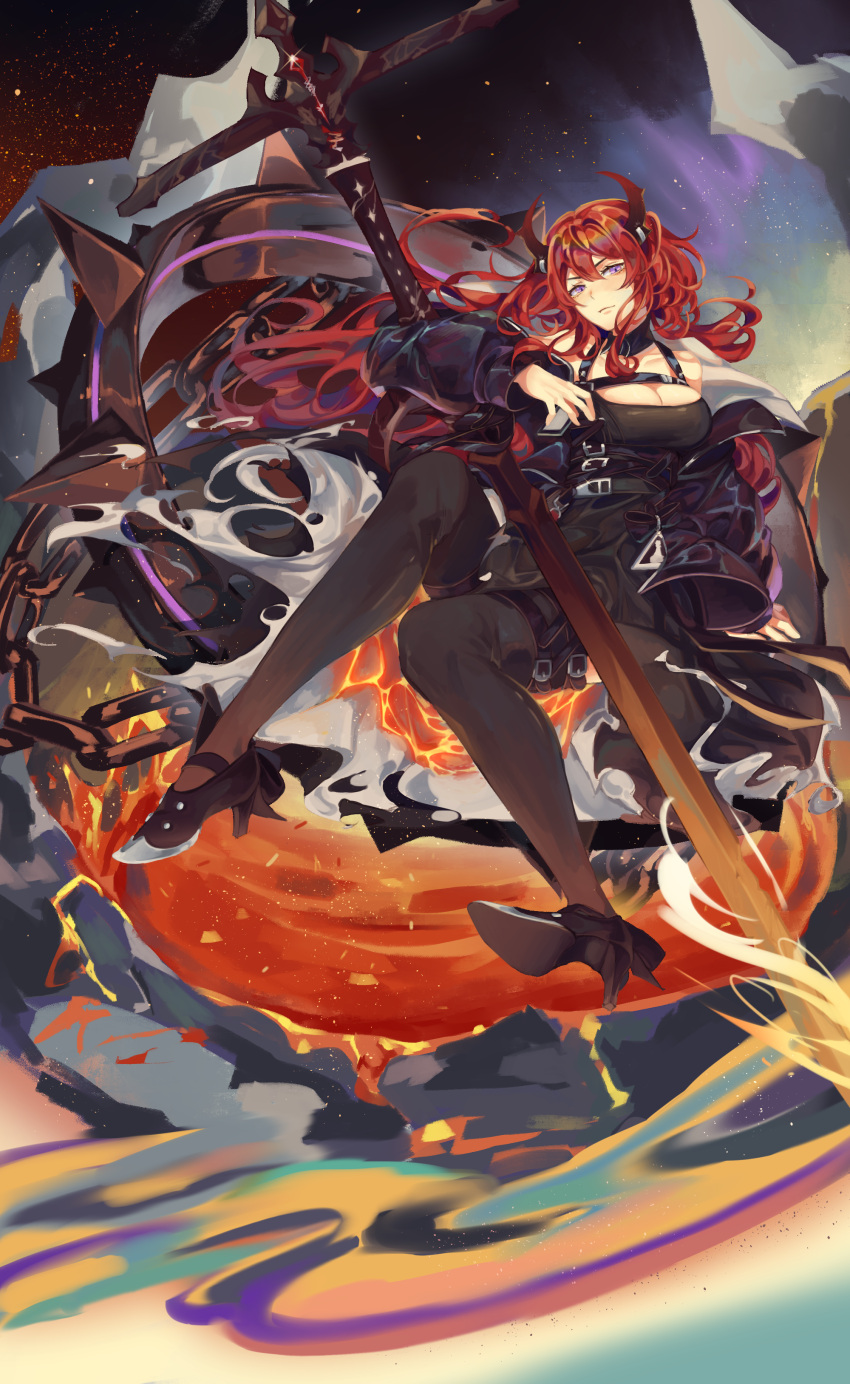 1girl absurdres arknights bow_(weapon) chain collar demon_girl demon_horns dress high_heels highres horns jacket kikan_(kikanoe) kneehighs long_hair looking_at_viewer purple_eyes red_hair sitting socks solo spiked_collar spikes surtr_(arknights) sword weapon