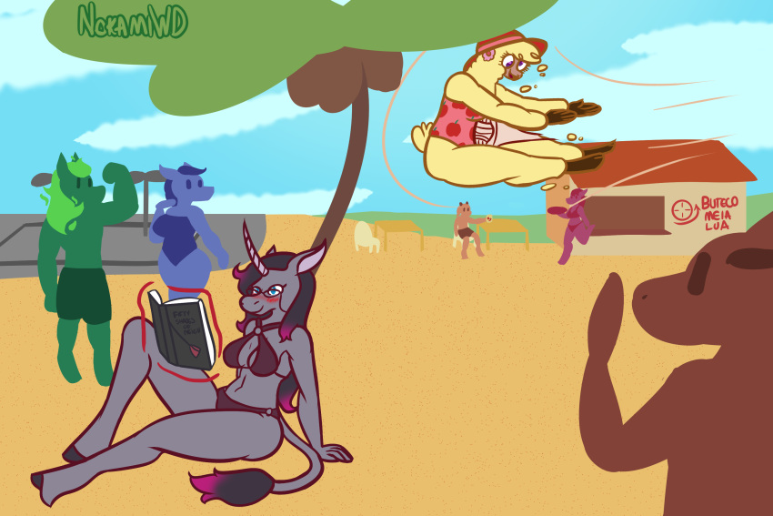 3:2 anthro ball big_breasts bikini book breasts clothing female fluffy flying hi_res magic magic_user male nokamiwd oleander_(tfh) one-piece_swimsuit paprika_paca_(tfh) slightly_chubby swimming_trunks swimwear them's_fightin'_herds thick_thighs volleyball_(ball) wounded
