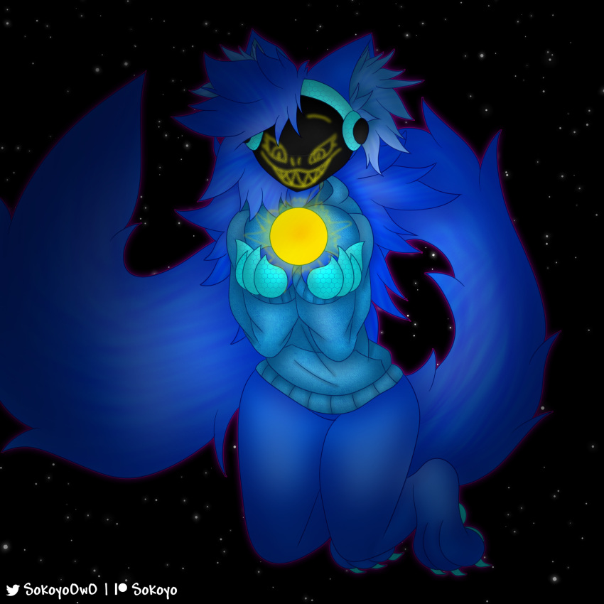 3_toes 4_fingers anthro big_breasts blue_body blue_fur blue_hair bottomless breasts claws clothed clothing cosmic_background evil_face evil_grin feet female fingers floating fluffy fluffy_hair fluffy_tail fur glowing hair hi_res holding_object hoodie hoodie_only inner_ear_fluff long_hair long_tail machine macro macro_female macro_focus mammal pawpads paws protogen protogen_visor raised_tail smile sokoyo_owo solo space space_background star starry_(sokoyo_owo) sun tail thick_thighs toes topwear topwear_only tuft
