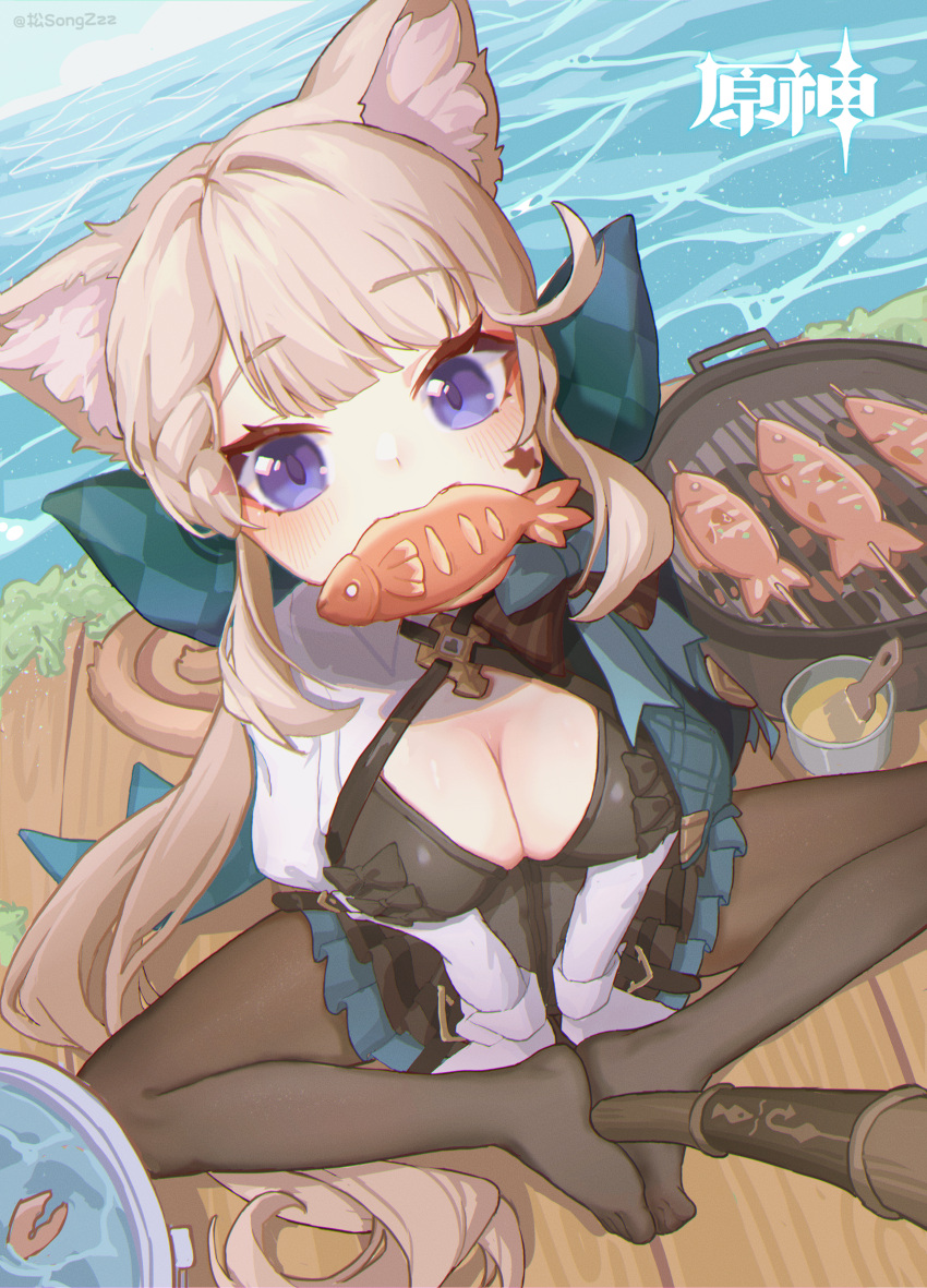 1girl absurdres animal_ear_fluff animal_ears black_pantyhose blue_eyes breasts cat_ears cleavage commentary_request facial_mark fish_(food) genshin_impact grey_hair highres lingfoxcartoon long_hair looking_at_viewer lynette_(genshin_impact) making-of_available medium_breasts mouth_hold no_shoes outdoors pantyhose sitting solo star_(symbol) very_long_hair water