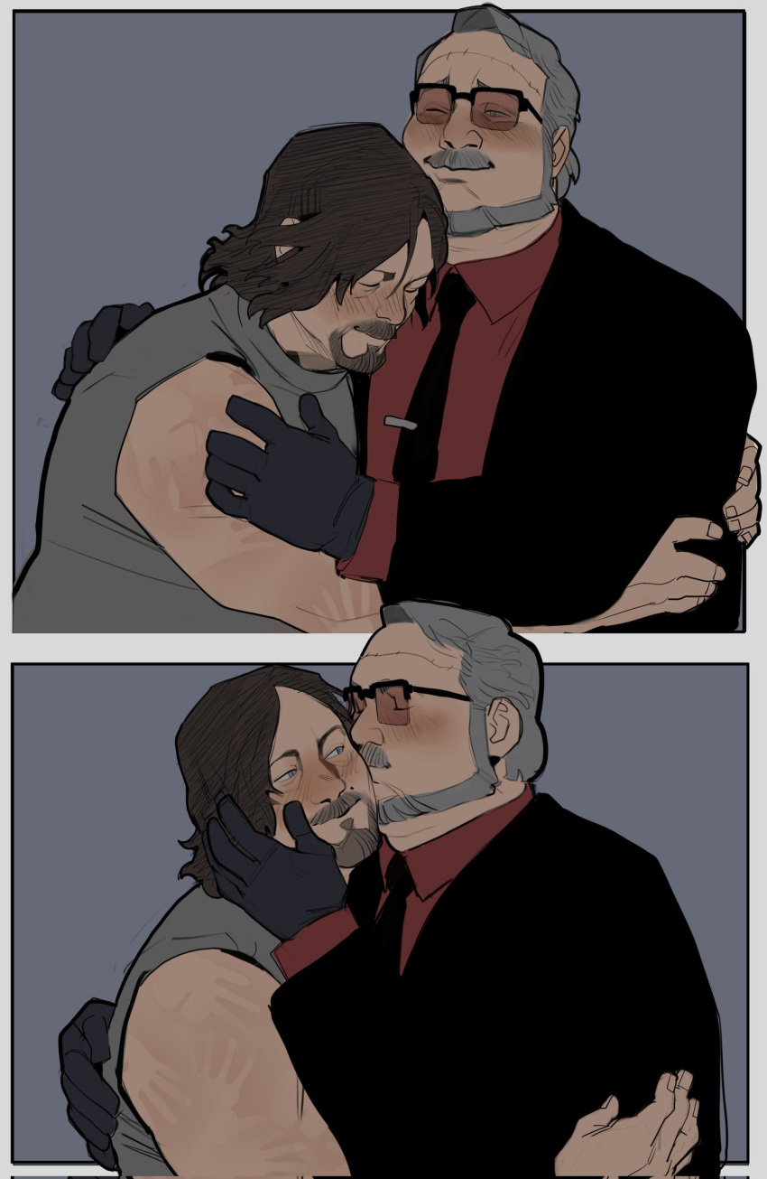 2boys bara beard blush brown_hair cheek_press couple deadman_(death_stranding) death_stranding elinapires_(lewalrus) facial_hair glasses goatee grey_hair happy highres hug kiss kissing_cheek looking_at_another male_focus mature_male multiple_boys old_school_swimsuit pectorals plump sam_(death_stranding) school_swimsuit shirt short_hair sleeveless sleeveless_shirt sunglasses swimsuit thick_eyebrows thick_mustache upper_body yaoi