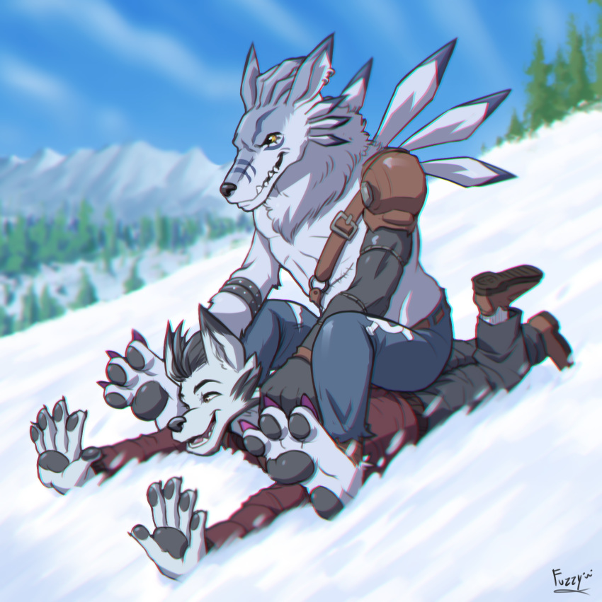 anthro bandai_namco canid canine canis digimon digimon_(species) domestic_dog fur fuzziness grey_body grey_fur hi_res husky itsjim itsjimmm jim_(itsjim) male mammal nordic_sled_dog snow spitz were werecanid werecanine weregarurumon werewolf