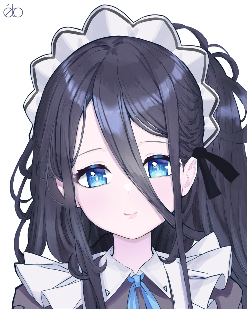 1girl absurdly_long_hair ahneato apron aris_(blue_archive) aris_(maid)_(blue_archive) black_hair blue_archive blue_bow blue_bowtie blue_eyes bow bowtie commentary_request hair_between_eyes halo highres long_bangs long_hair looking_at_viewer maid maid_apron maid_headdress official_alternate_costume short_sleeves sidelocks simple_background smile solo very_long_hair white_background