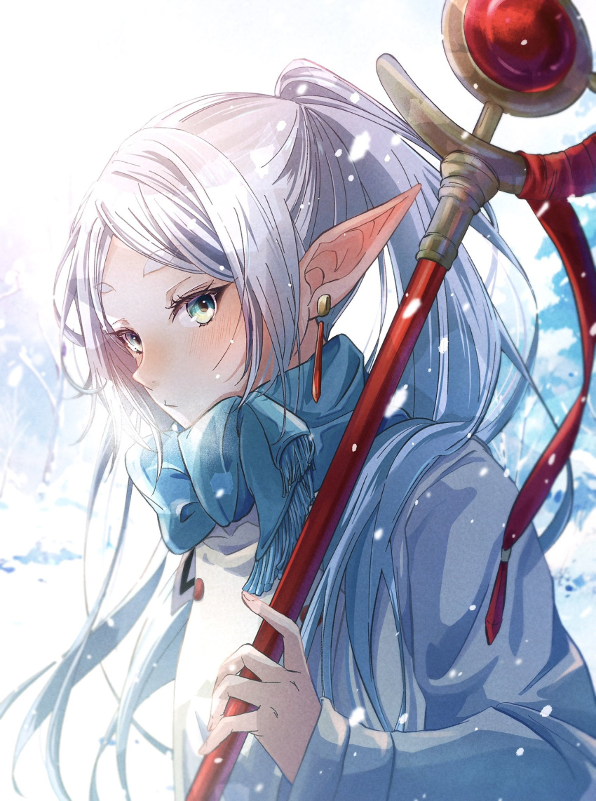 1girl alternate_costume blush earrings elf frieren green_eyes hair_ornament highres holding holding_staff jewelry long_hair long_sleeves looking_at_viewer omichi_1219 parted_bangs pointy_ears scarf solo sousou_no_frieren staff thick_eyebrows twintails white_hair