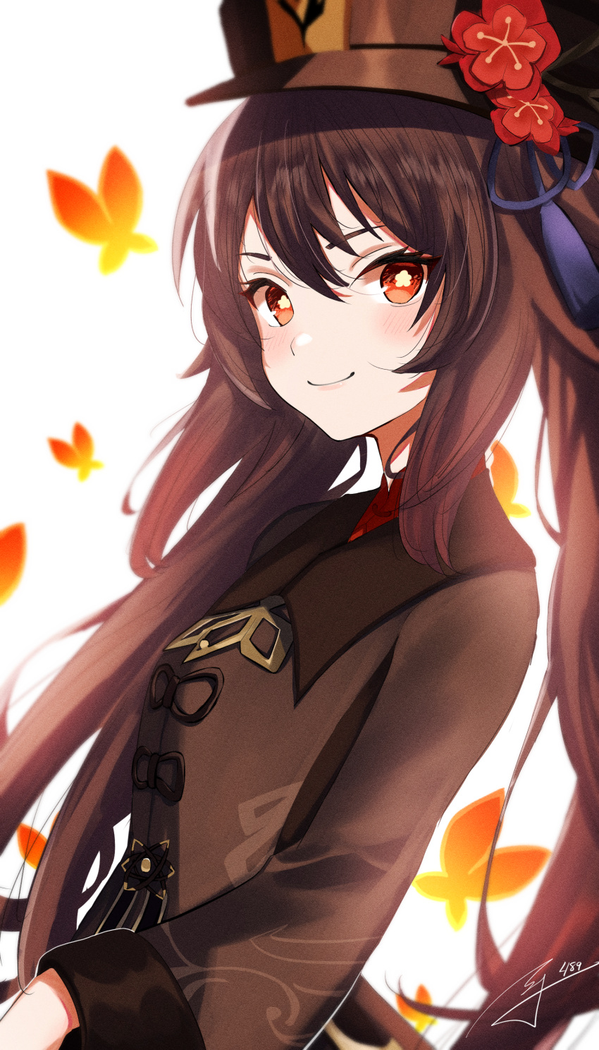 1girl absurdres black_headwear blurry blush brown_coat brown_hair bug butterfly closed_mouth coat den_den489 depth_of_field flower flower-shaped_pupils genshin_impact glowing_butterfly hair_between_eyes hat hat_flower hat_tassel highres hu_tao_(genshin_impact) long_hair long_sleeves looking_at_viewer orange_eyes signature simple_background smile solo symbol-shaped_pupils twintails upper_body white_background