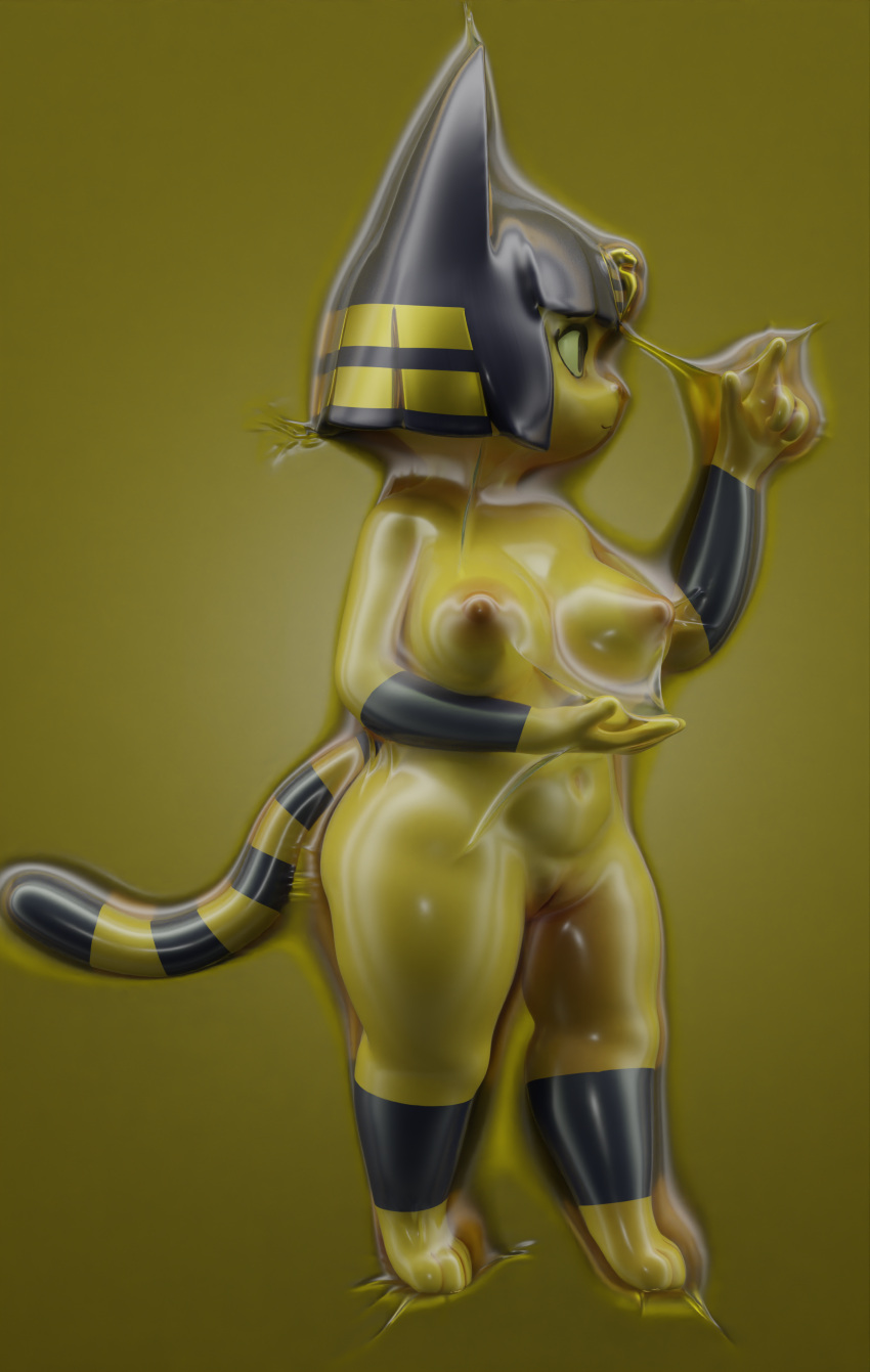 absurd_res animal_crossing ankha_(animal_crossing) anthro blender_(software) bound comorito curvy_figure encasement felid feline female hi_res hieroglyphics latex mammal nintendo solo vacuum_bed