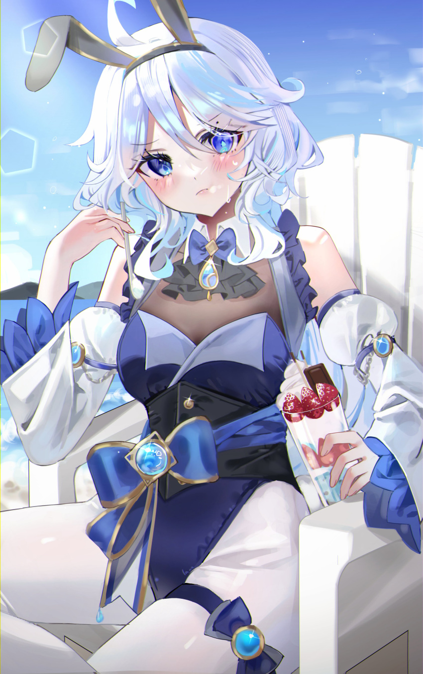 1girl absurdres ahoge alternate_costume animal_ears aqua_hair armchair ascot black_ascot blue_eyes blue_sky chair cloud cloudy_sky commentary_request cup detached_collar detached_sleeves drop-shaped_pupils educk fake_animal_ears furina_(genshin_impact) genshin_impact hair_between_eyes heterochromia highres holding holding_cup holding_spoon long_hair long_sleeves looking_at_viewer low_twintails mismatched_pupils multicolored_hair nontraditional_miko outdoors pantyhose parfait playboy_bunny rabbit_ears sidelocks sitting sky solo spoon streaked_hair sweat thighlet twintails two-tone_hair vision_(genshin_impact) wavy_hair white_pantyhose