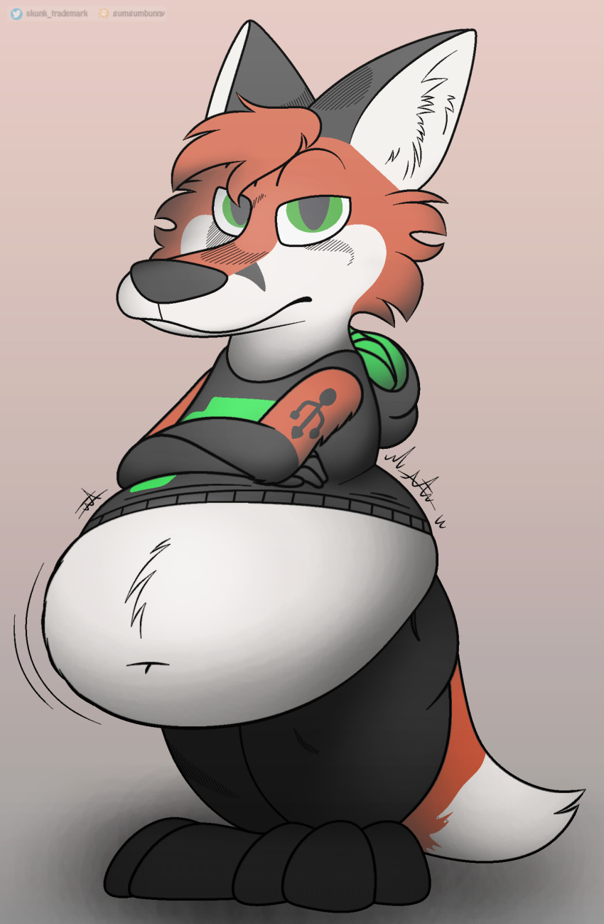 ambiguous_gender anthro belly big_belly black_body bottomwear canid canine clothed clothing fox foxball fur hanging_belly hi_res looking_at_viewer mammal multicolored_body navel orange_body pants simple_background solo standing topwear white_body