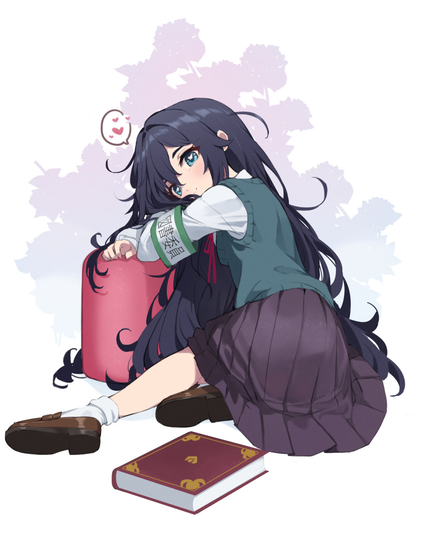 1girl absurdres aqua_eyes armband black_hair blush book brown_footwear brown_skirt green_vest heart heart-shaped_pupils highres kimi_no_koto_ga_dai_dai_dai_dai_daisuki_na_100-nin_no_kanojo leaning_on_object loafers long_hair looking_at_viewer looking_to_the_side messy_hair pleated_skirt school_uniform shirt shoes sitting skirt smile socks solo spoken_heart symbol-shaped_pupils timo_wei95 very_long_hair vest white_shirt white_socks yoshimoto_shizuka