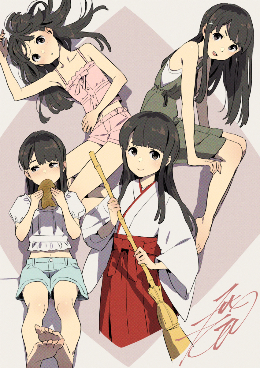 1girl barefoot black_eyes black_hair blue_shorts blunt_bangs broom camisole chitose_yui collage cropped_legs dress eating food full_body green_dress hair_ornament highres holding holding_broom holding_food japanese_clothes kobayashi_gen light_blush light_smile long_hair lying miko on_back open_mouth pink_camisole pink_shorts puffy_short_sleeves puffy_sleeves school_girl_strikers shirt short_shorts short_sleeves shorts sidelocks sitting taiyaki tears wagashi white_shirt