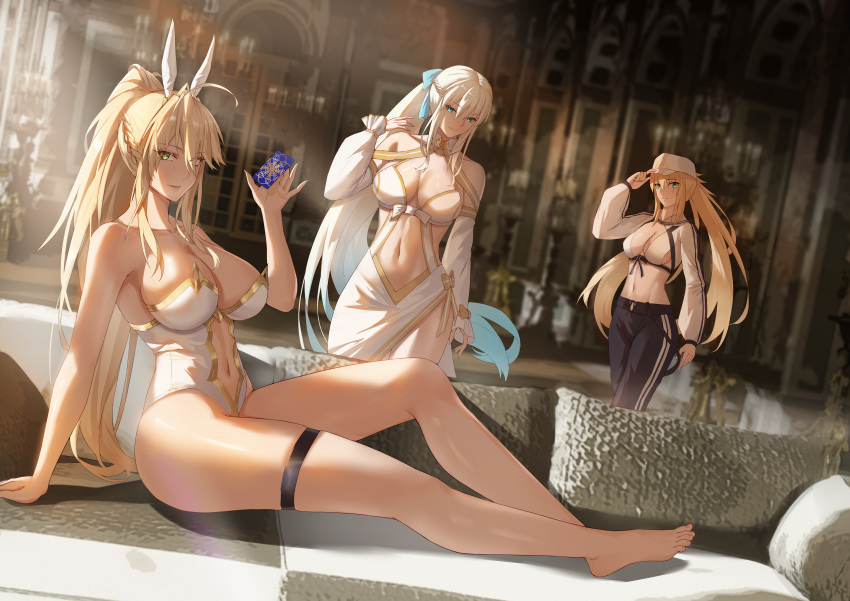 3girls absurdres animal_ears artoria_caster_(fate) artoria_caster_(swimsuit)_(fate) artoria_pendragon_(fate) artoria_pendragon_(swimsuit_ruler)_(fate) artoria_pendragon_(swimsuit_ruler)_(second_ascension)_(fate) bare_shoulders barefoot black_pants blonde_hair blush breasts cleavage closed_mouth collarbone commentary detached_sleeves dress english_commentary fake_animal_ears fate/grand_order fate_(series) feet freed_turing full_body green_eyes hair_ornament hand_up hat highres indoors large_breasts leotard long_hair long_sleeves morgan_le_fay_(fate) morgan_le_fay_(water_princess)_(fate) multiple_girls navel pants playboy_bunny ponytail rabbit_ears sitting smile thigh_strap thighs toes white_dress white_headwear white_leotard