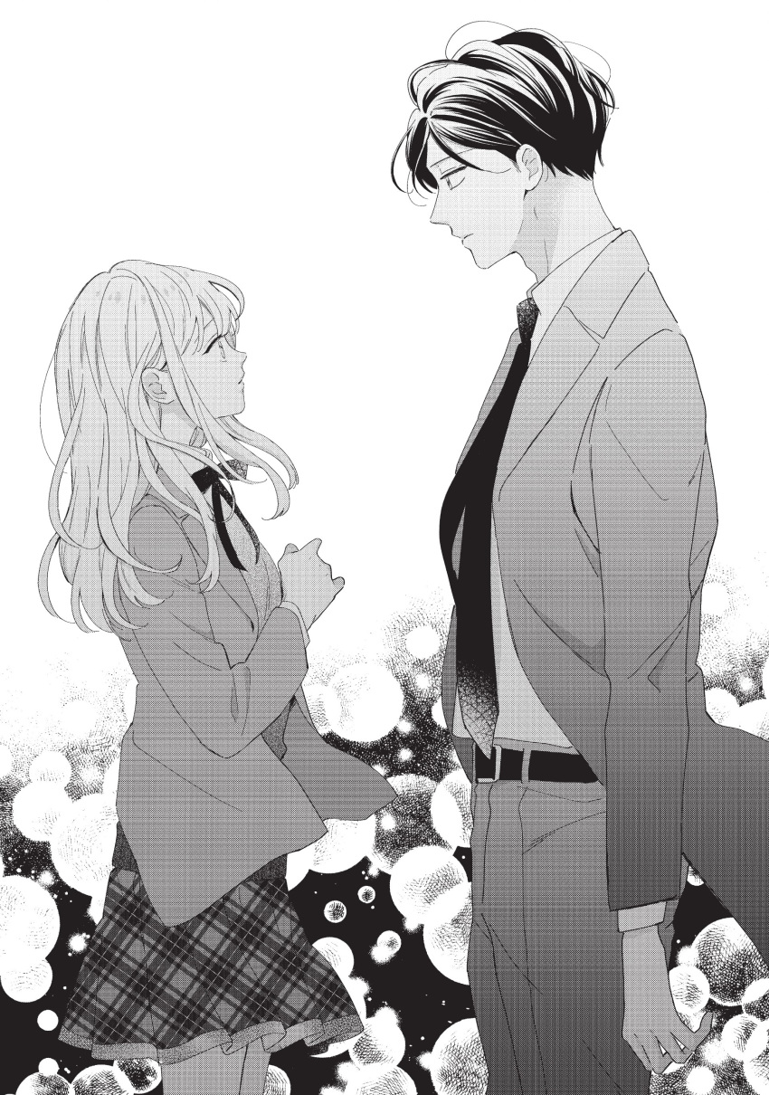 1boy 1girl absurdres arm_at_side belt belt_buckle bengoshi_to_17-sai blazer bubble_background buckle closed_mouth collared_shirt couple cowboy_shot expressionless feet_out_of_frame from_side hair_behind_ear height_difference highres hiroomi_(bengoshi_to_17-sai) jacket lapels long_hair long_sleeves looking_at_another monochrome neck_ribbon necktie ono_anbi open_clothes open_jacket pants plaid plaid_skirt pleated_skirt profile ribbon rise_(bengoshi_to_17-sai) school_uniform screentones second-party_source shirt shirt_tucked_in short_hair skirt stippling_(texture) suit suit_jacket unmoving_pattern